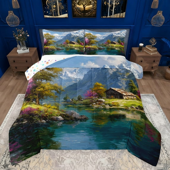 jejeloiu Rustic Nature Landscape Queen Comforter Set,Mountain Tree Pattern Bedding Sets,Lake House Bedding Comforter Set For Men Women,Microfiber Bedroom Decor Reversible,3 Pieces