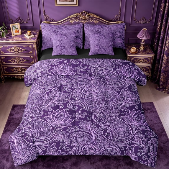 jejeloiu Rustic Paisley 7-Piece King Bedding For Men Women,Lotus Print King Bed in a Bag,Purple Lilac,Black Reversible