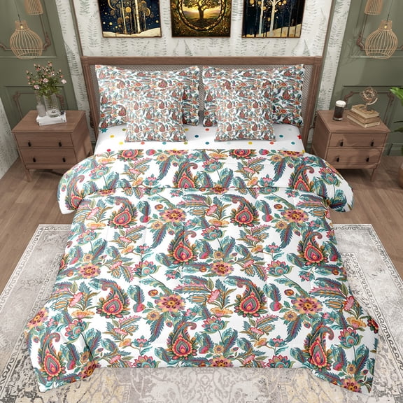 jejeloiu Rustic Paisley Plant 7pcs Bedding Comforter Set,Retro Flowers Floral Queen Bedding Sets,Tropical Botanical Leaves Queen Sheet Sets For Teens,Luxury Bedroom Decor Reversible