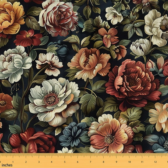 jejeloiu Rustic Peony Fabric by the Yard 10 Yards,Vintage Floral Flower Room Decor Fabric by the Yard,White Red Green Sewing Fabric For Girls,Ultra Soft Home Decor