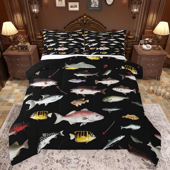 jejeloiu Rustic Pike Fish Queen Comforter Set,Fishing Hunting Theme Bedding Sets,Country Farmhouse Lodge Bedding Comforter Set For Adults,Breathable Home Decor Reversible,3 Pieces