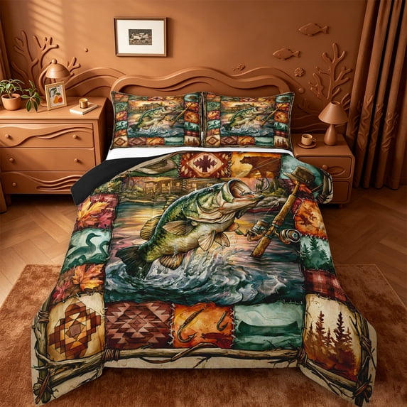 jejeloiu Rustic Pike Fishing Full Size Comforter Sets,Cabin Plaid Pattern Bedding Comforter Set For Boys,Multicolor Brown,Black Reversible,3-Piece,1 Comforter and 2 Pillowcases