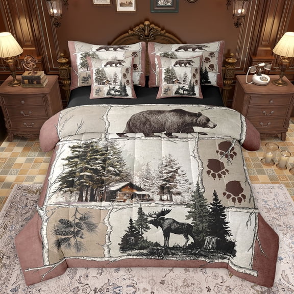 jejeloiu Rustic Pine Tree 7-Piece Twin Bedding Sets,Wildlife Moose Animal Bedding Comforter Set,Country Farmhouse Lodge Sheet Sets For Kids,Microfiber Bedroom Decor Reversible