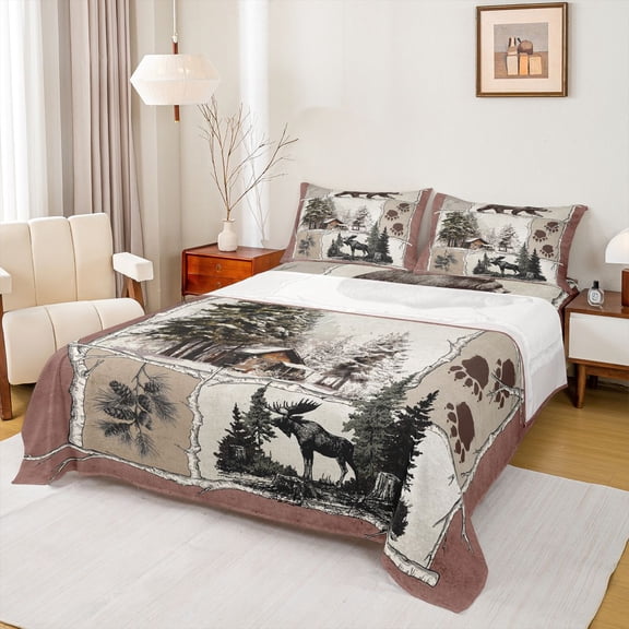 jejeloiu Rustic Pine Tree Bed Sheets,Wildlife Moose Animal King Sheets,Country Farmhouse Lodge Sheet Set For Kids,Microfiber Bedroom Decor,4pcs