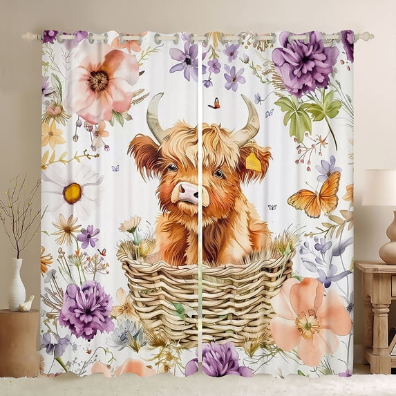 jejeloiu Rustic Plant Floral Black Out Curtains Kids,Cute Farm Highland Cow Curtains Pack of 2 (42x63 Each)