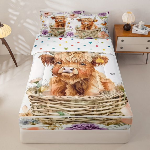 jejeloiu Rustic Plant Floral Zipper Full Size Comforter Sets with Fitted Sheet and 2 Pillowcases Kids,Cute Farm Highland Cow Zipper Bedding Set,Reversible,4-Piece