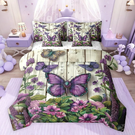 jejeloiu Rustic Plant Flower 7 Pieces Bedding Comforter Set,Purple Flying Butterfly Full Bedding Set For Men Women Reversible