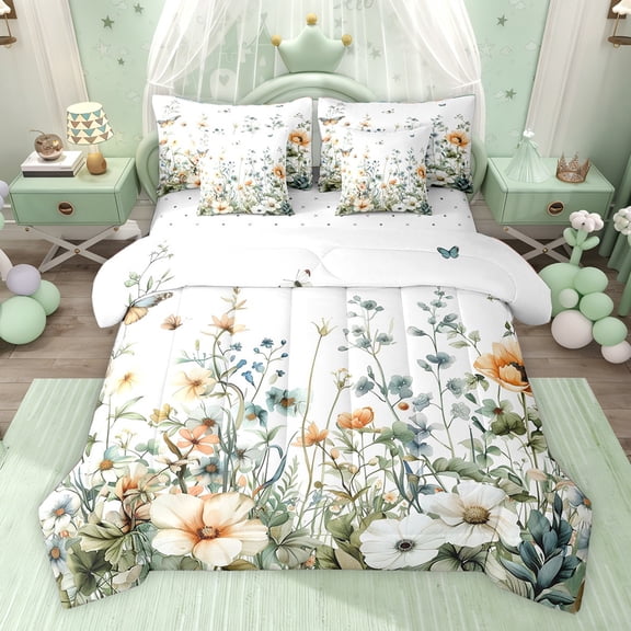 jejeloiu Rustic Plant Flowers 7-Piece Twin Bedding Sets,White Green Bedding Comforter Set For Girls Kids Reversible