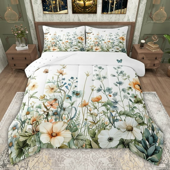 jejeloiu Rustic Plant Flowers Queen Comforter Set,White Green Bedding Comforter Set For Girls Kids Reversible 3-Piece
