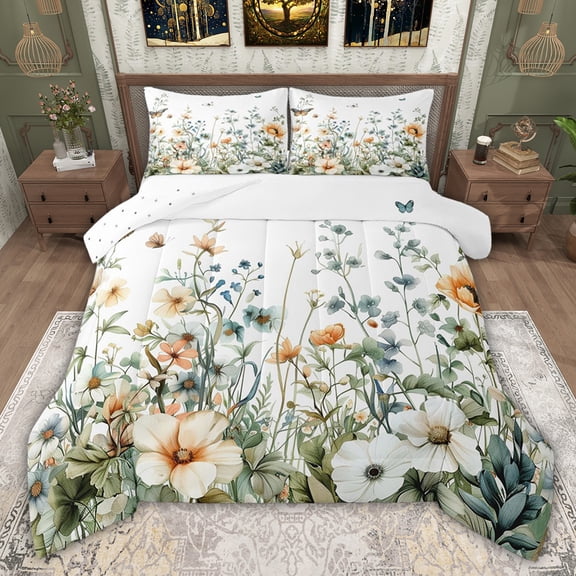 jejeloiu Rustic Plant Flowers Twin Comforter Sets,White Green Bedding Set For Girls Kids Reversible 2 Pieces