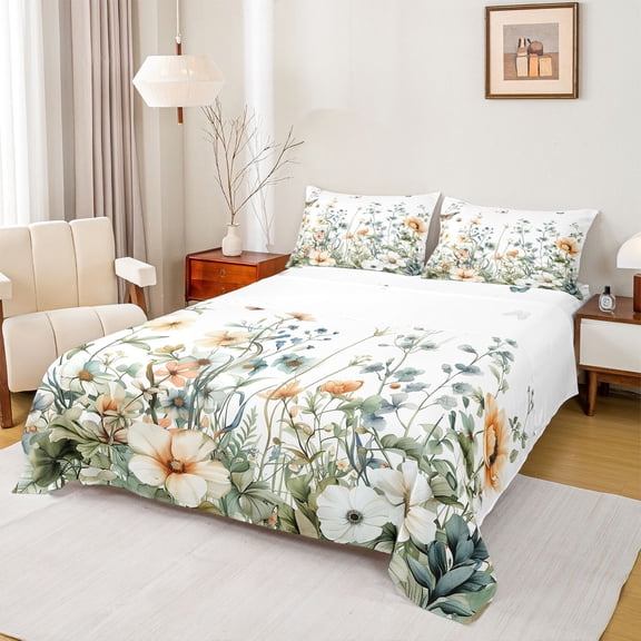 jejeloiu Rustic Plant Flowers Twin Sheet Sets,White Green Bedding For Girls Kids 3 Pieces