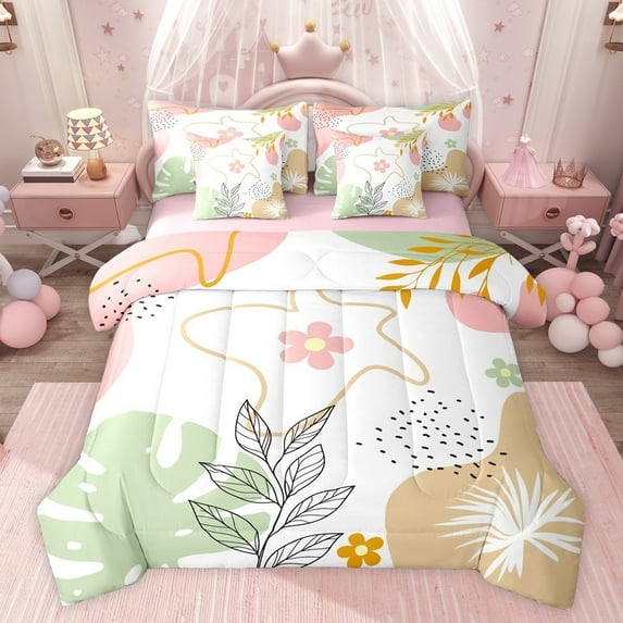 jejeloiu Rustic Plant Leaves 7-Piece Twin Bedding Sets,Tropical Monstera Leaf Bedding Comforter Set,Pink Cute Floral Sheet Sets For Kids,Luxury Bedroom Decor Reversible