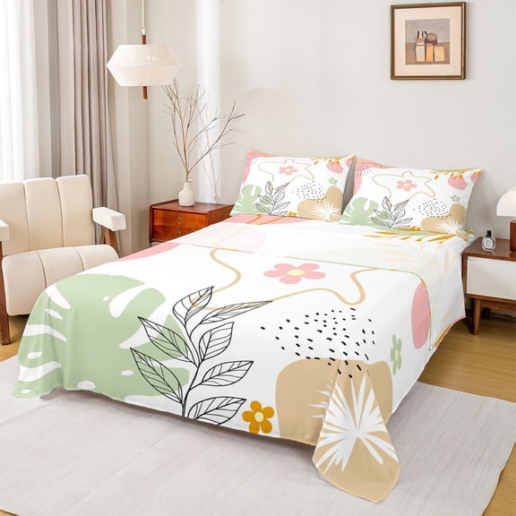 jejeloiu Rustic Plant Leaves Twin Sheet Sets,Tropical Monstera Leaf Twin Fitted Sheet,Pink Cute Floral Flat Sheet For Kids,Luxury Bedroom Decor,3pcs
