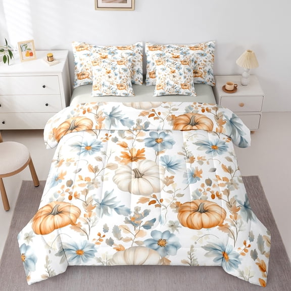 jejeloiu Rustic Pumpkin 7-Piece Twin Bedding Sets,Autumn Leaf Bedding Comforter Set,Hello Fall Sheet Sets For Adult,Super Cozy Room Decor Reversible