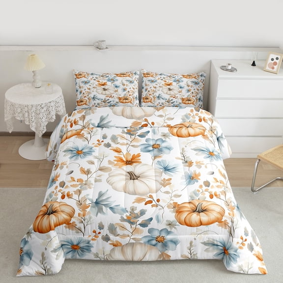 jejeloiu Rustic Pumpkin Full Size Comforter Sets,Autumn Leaf Bedding Comforter Set,Hello Fall Bedding Sets For Adult,Super Cozy Room Decor Reversible,3-Piece