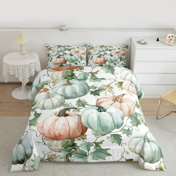 jejeloiu Rustic Pumpkin Queen Comforter Set,Autumn Fall Leaves Bedding Sets,White Teal Orange Bedding Comforter Set For Adult,Super Cozy Room Decor Reversible,3-Piece