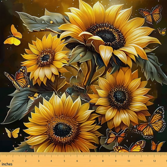jejeloiu Rustic Sunflower Fabric by the Yard 3 Yards,Chic Flower Floral Sewing Fabric,Yellow Butterflies Fabric for Sewing For Girls Boys,Breathable Home Decor