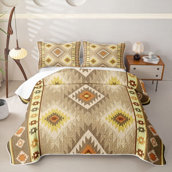 jejeloiu Rustic Tribal Twin Quilt Set,Vintage Print Twin Coverlet Set For Boys,Beige Yellow,2-Piece