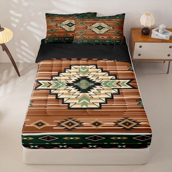 jejeloiu Rustic Tribal Zipper Full Size Comforter Sets with Fitted Sheet and 2 Pillowcases,Western Print Zipper Bedding Set For Boys,Brown Green,Black Reversible,4 Pieces