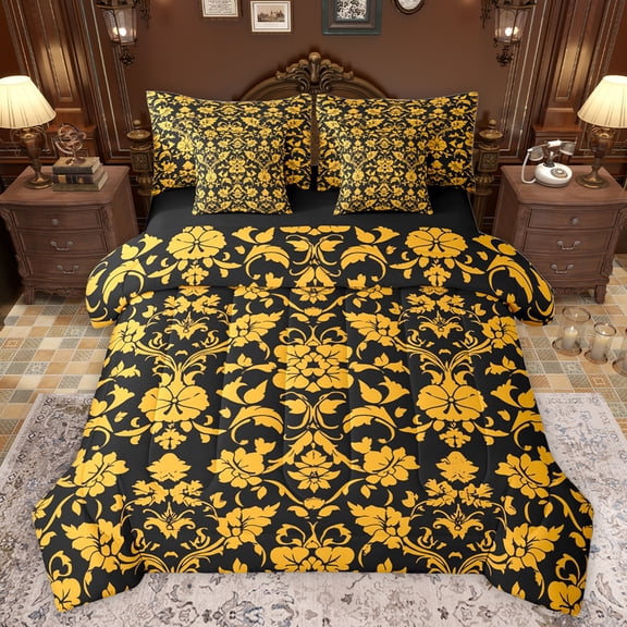 jejeloiu Rustic Victorian Floral 7-Piece Bedding Comforter Set,Boho Exotic Style King Bedding Sets,Orange Damask Print Bed Sheets For Adult,Luxury Bedroom Decor Reversible