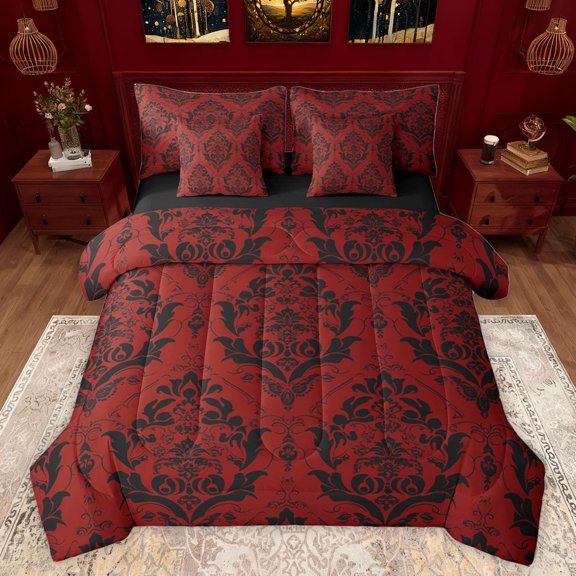 jejeloiu Rustic Victorian Floral 7-Piece Bedding Comforter Set,Boho Exotic Style King Bedding Sets,Red Black Damask Jacquard Bed Sheets For Adult,Luxury Bedroom Decor Reversible