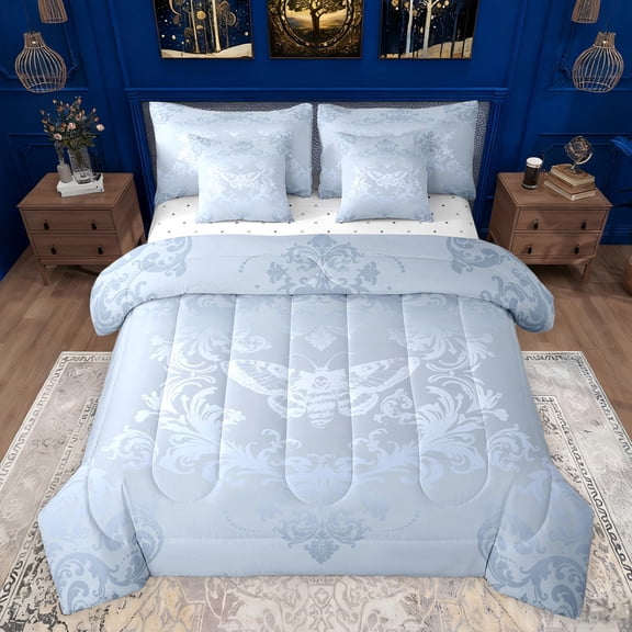 jejeloiu Rustic Victorian Floral 7-Piece Bedding Comforter Set,Gothic Skull Moth King Bedding Sets,Blue Damask Baroque Bed Sheets For Teens,Breathable Home Decor Reversible