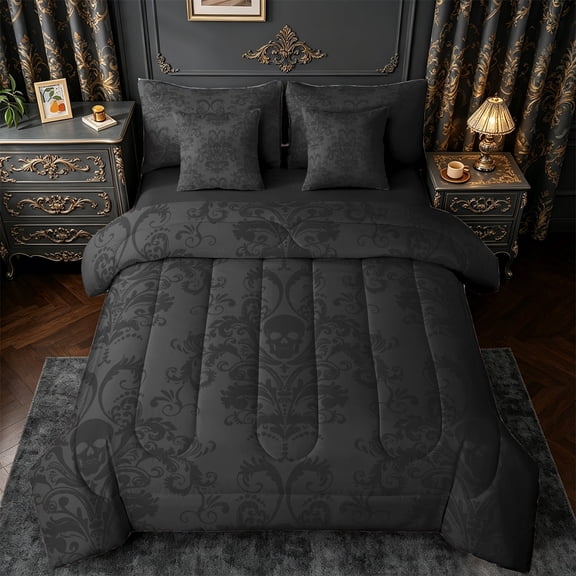 jejeloiu Rustic Victorian Floral 7 Pieces Bedding Comforter Set,Gothic Skull Skeleton Full Bedding Set,Black Damask Baroque Fitted Sheet Flat Sheet For Teens,Breathable Home Decor Reversible