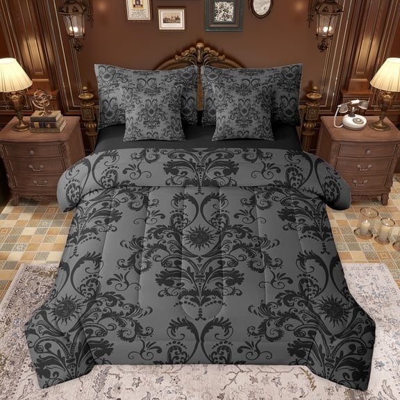 jejeloiu Rustic Victorian Floral 7pcs Bedding Comforter Set,Damask Baroque Queen Bedding Sets,Bohemian Sun Exotic Style Queen Sheet Sets For Teens,Breathable Home Decor Reversible