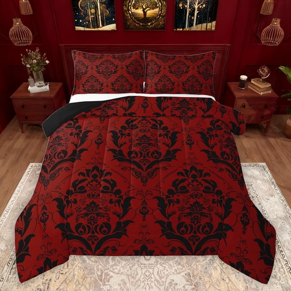 jejeloiu Rustic Victorian Floral Queen Comforter Set,Boho Exotic Style Bedding Sets,Red Black Damask Jacquard Bedding Comforter Set For Adult,Luxury Bedroom Decor Reversible,3 Pieces