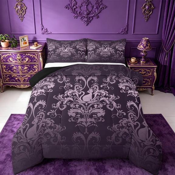 jejeloiu Rustic Victorian Floral Queen Comforter Set,Cute Cat Kitten Bedding Sets,Purple Damask Baroque Bedding Comforter Set For Teens,Breathable Home Decor Reversible,3pcs