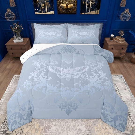 jejeloiu Rustic Victorian Floral Queen Comforter Set,Gothic Skull Moth Bedding Sets,Blue Damask Baroque Bedding Comforter Set For Teens,Breathable Home Decor Reversible,3-Piece
