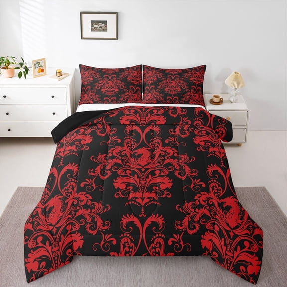 jejeloiu Rustic Victorian Floral Queen Comforter Set,Magic Cartoon Dragon Bedding Sets,Red Damask Baroque Bedding Comforter Set For Teens,Breathable Home Decor Reversible,3-Piece