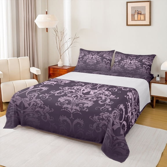 jejeloiu Rustic Victorian Floral Queen Sheet Sets,Kawaii Cute Bowknot Flat Sheet,Purple Damask Baroque Queen Fitted Sheet For Teens,Breathable Home Decor,4 Pieces