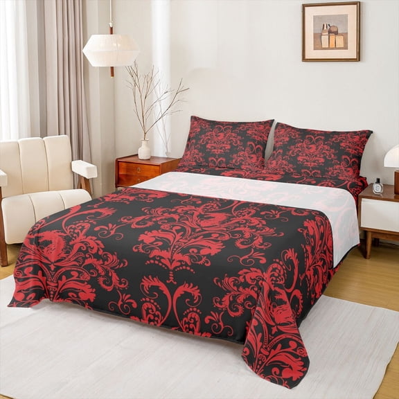 jejeloiu Rustic Victorian Floral Queen Sheet Sets,Magic Cartoon Dragon Flat Sheet,Red Damask Baroque Queen Fitted Sheet For Teens,Breathable Home Decor,4-Piece