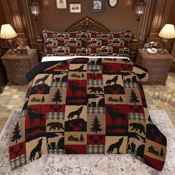 jejeloiu Rustic Wesetrn Aztec Full Size Comforter Sets,Jungle Moose Bear Bedding Comforter Set,Country Farmhouse Lodge Bedding Sets For Men Women,Super Cozy Room Decor Reversible,3-Piece