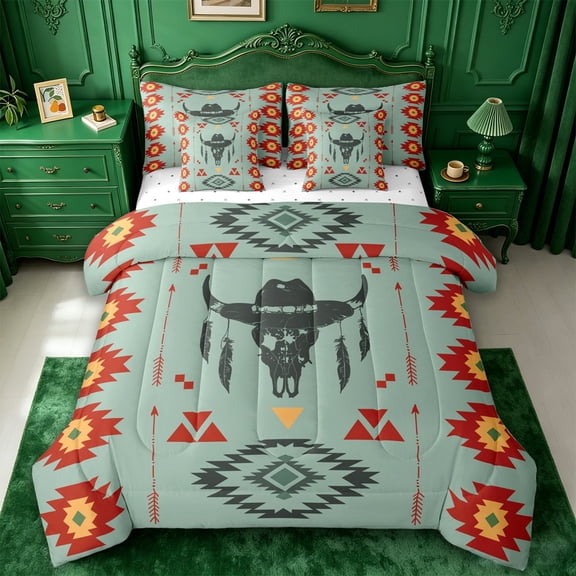 jejeloiu Rustic Western 7-Piece Twin Bedding,Cowhide Print Bedding Comforter Set For Boys,Teal Red,Reversible