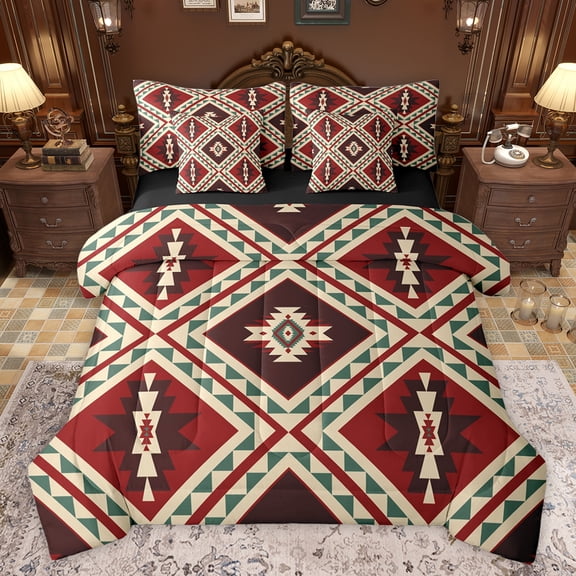 jejeloiu Rustic Western Aztec 7-Piece Bedding Comforter Set,Bohemain Geometric Pattern King Bedding Sets,Black Red Brown Bed Sheets For Kids,Luxury Bedroom Decor Reversible
