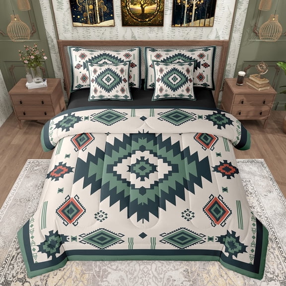 jejeloiu Rustic Western Aztec 7-Piece Bedding Comforter Set,Retro Bohemian Geometric King Bedding Sets,Green Beige Bed Sheets For Men Women,Home Decor Reversible