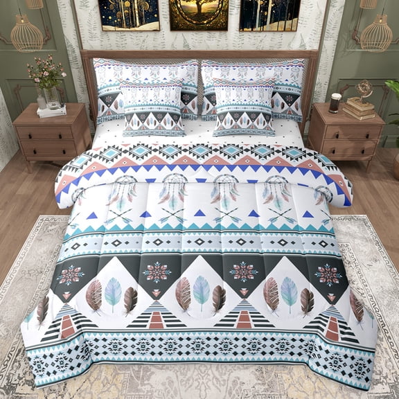 jejeloiu Rustic Western Aztec 7-Piece Bedding Comforter Set,Retro Dreamcatcher Feather King Bedding Sets,Blue White Bed Sheets For Men Women,Microfiber Bedroom Decor Reversible