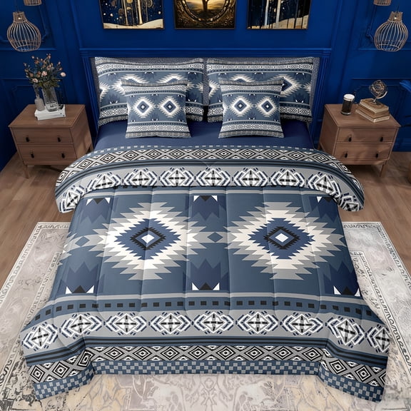 jejeloiu Rustic Western Aztec 7-Piece Twin Bedding Sets,Bohemain Geometric Pattern Bedding Comforter Set,Deepblue White Gray Sheet Sets For Kids,Luxury Bedroom Decor Reversible