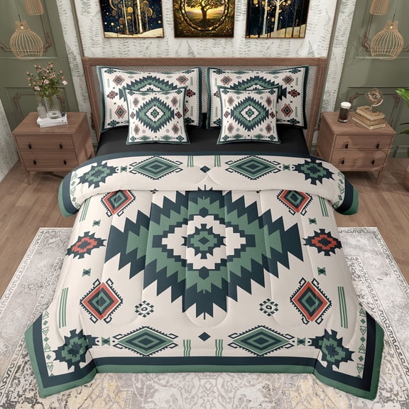 jejeloiu Rustic Western Aztec 7-Piece Twin Bedding Sets,Retro Bohemian Geometric Bedding Comforter Set,Green Beige Sheet Sets For Men Women,Home Decor Reversible