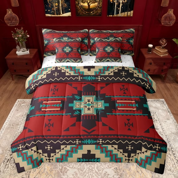jejeloiu Rustic Western Aztec 7-Piece Twin Bedding Sets,Retro Bohemian Geometric Bedding Comforter Set,Red Brown Black Sheet Sets For Men Women,Home Decor Reversible