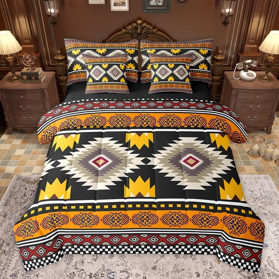 jejeloiu Rustic Western Aztec 7pcs Bedding Comforter Set,Bohemian Geometric Pattern Queen Bedding Sets,Orange Brown Black Queen Sheet Sets For Kids,Luxury Bedroom Decor Reversible