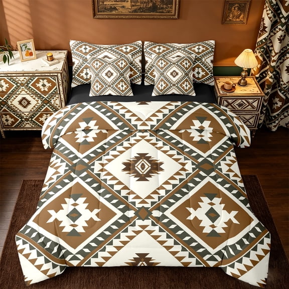 jejeloiu Rustic Western Aztec 7pcs Bedding Comforter Set,Retro Bohemian Geometric Queen Bedding Sets,Brown Beige Queen Sheet Sets For Men Women,Home Decor Reversible