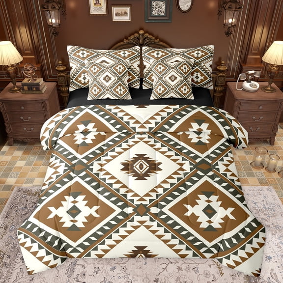 jejeloiu Rustic Western Aztec 7pcs Bedding Comforter Set,Retro Bohemian Geometric Queen Bedding Sets,Brown Beige Queen Sheet Sets For Men Women,Home Decor Reversible