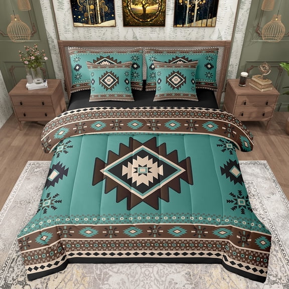 jejeloiu Rustic Western Aztec 7pcs Bedding Comforter Set,Retro Bohemian Geometric Queen Bedding Sets,Cyan Brown Queen Sheet Sets For Men Women,Home Decor Reversible