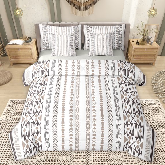 jejeloiu Rustic Western Aztec 7pcs Bedding Comforter Set,Retro Bohemian Print Queen Bedding Sets,White Gray Queen Sheet Sets For Men Women,Microfiber Bedroom Decor Reversible