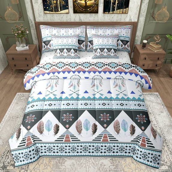 jejeloiu Rustic Western Aztec 7pcs Bedding Comforter Set,Retro Dreamcatcher Feather Queen Bedding Sets,Blue White Queen Sheet Sets For Men Women,Microfiber Bedroom Decor Reversible