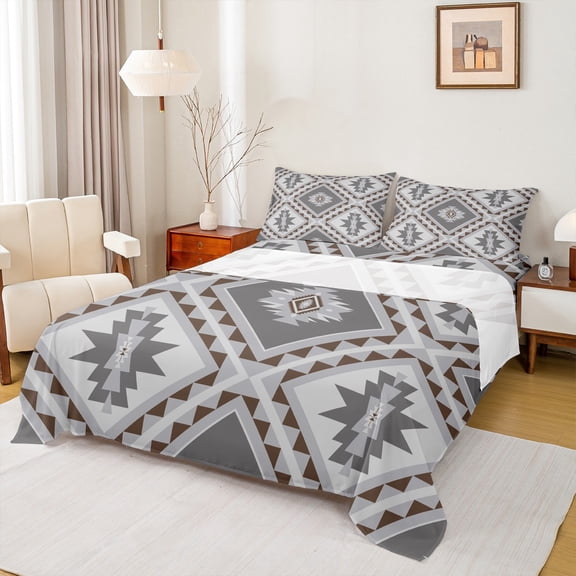 jejeloiu Rustic Western Aztec Bed Sheets,Bohemian Geometric Pattern King Sheets,Gray Rhombus Triangle Sheet Set For Kids,Luxury Bedroom Decor,4pcs