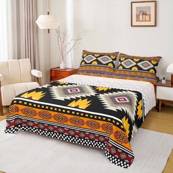 jejeloiu Rustic Western Aztec Bed Sheets,Bohemain Geometric Pattern King Sheets,Orange Brown Black Sheet Set For Kids,Luxury Bedroom Decor,4-Piece